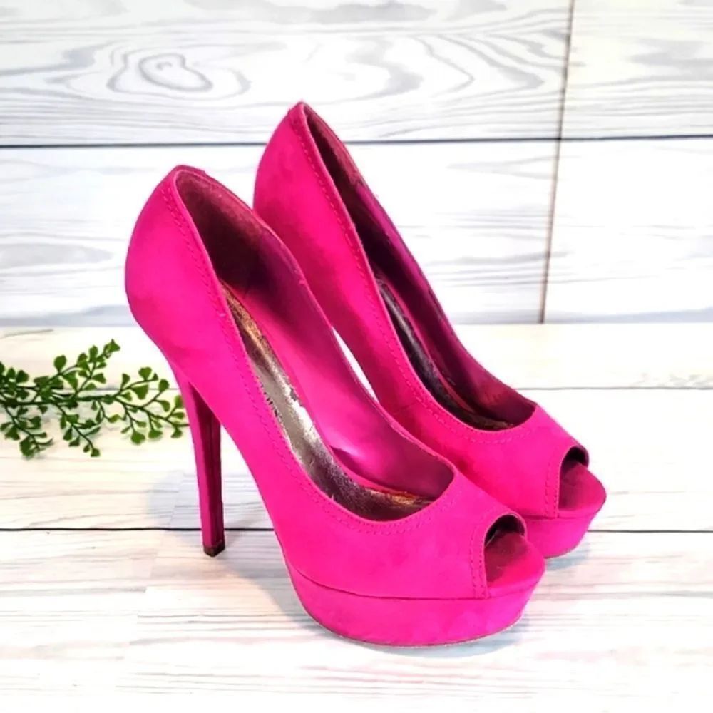 Justfabulous Aveline Hot Pink Platform Pumps Peep To Faux Suede Womens Size 8